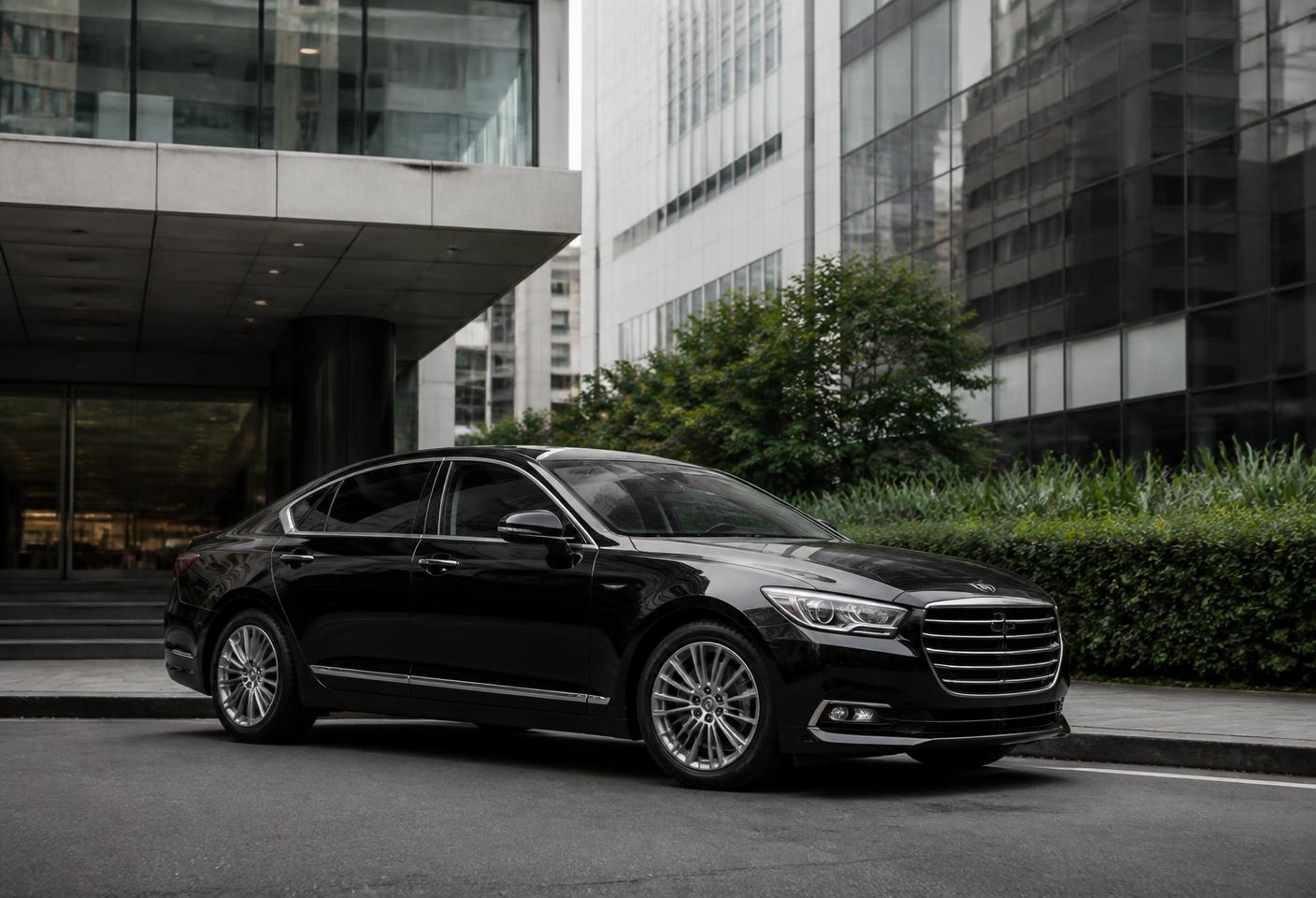 Automóvel executivo em frente a um edifício comercial